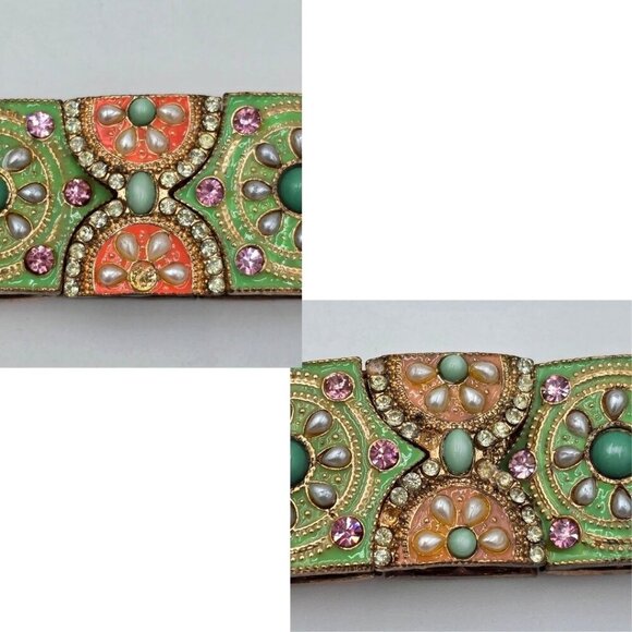 Vintage Enamel Panel Stretch Bracelet Mint Green Peach Costume Jewelry - Picture 6 of 8